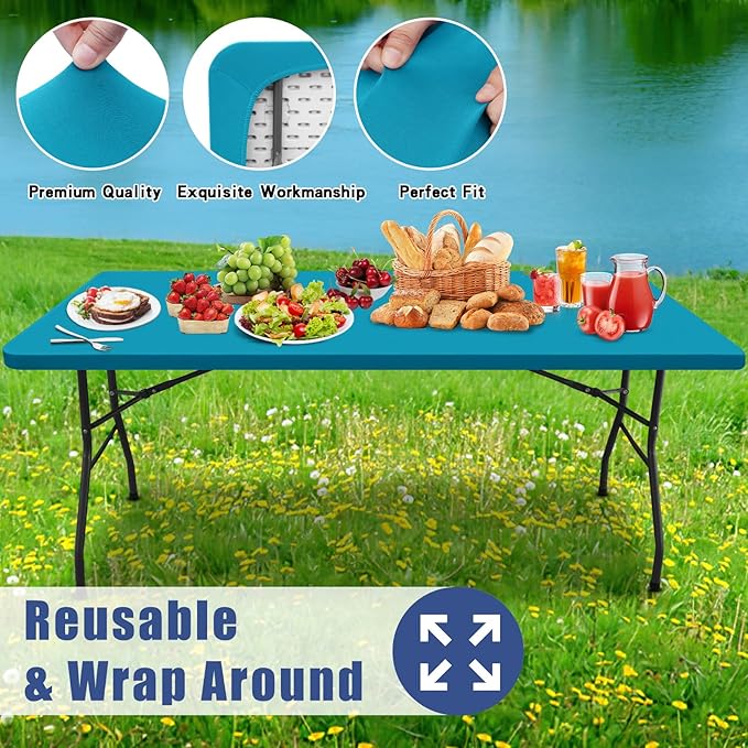 Spandex 4 Foot Rectangle Table Cloth 2 Pack, Elastic Fitted Tablecloths for Picnic, Stretch Washable Patio Table Cover for Outdoor, Camping, Banquet and Parties (Teal, 24"x48")