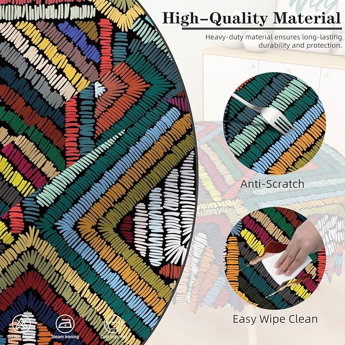 Laeacco 60 Inch Colorful Patchwork Round Tablecloth Woven Geometric Pattern Abstract Art Print Table Cloth Washable Waterproof Wrinkle Free Table Cover for Kitchen Dining Picnic Party Decoration