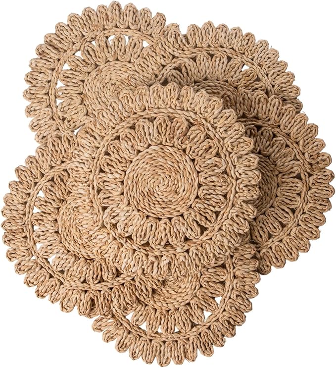 15" Set of 6 Round Corn Husk Placemats | Boho Woven Rattan Table Mats | Farmhouse Wicker Spring Plate Chargers Like Water Hyacinth, Seagrass for Wedding, Party, Christmas, Events