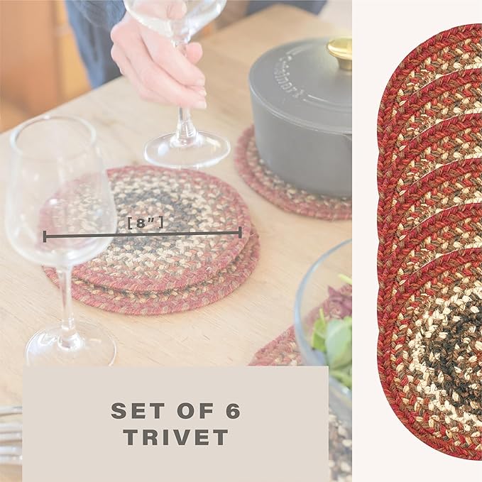 Homespice Chester Jute Braided Kitchen Trivets for Hot Dishes, Warm Cabin and Lodge Decor, Set of 6, Red 8" Round Heat Resistant Mat - Rich Colors, Easy to Clean, Durable and Protects Furniture