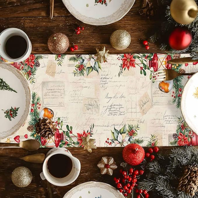 Christmas Poinsettia Table Runner 70 Inches Long, Winter Xmas Balls Birds Table - Image 4