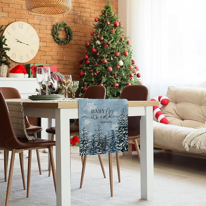 Winter Baby It's Cold Outside Table Runner Pine Tree Snowflakes Burlap Table - Image 6
