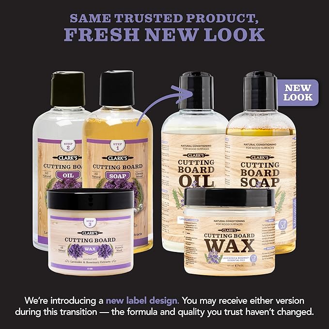 CLARK'S Cutting Board Care Kit - Includes Mineral Oil - Finishing Wax (6oz) - Applicator - Scrub Brush - Buffing Pad - Infused with Lavender and Rosemary Extract - Features Clark's Cutting Board Wax