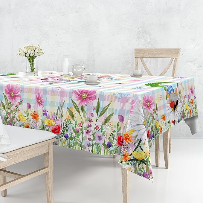 Spring Tablecloth, Rectangle 60 x 104 with Gnome Flowers, Oblong Tablecloth Buffalo Check Plaid Kitchen Table Cover for Dining Room Indoor Decor