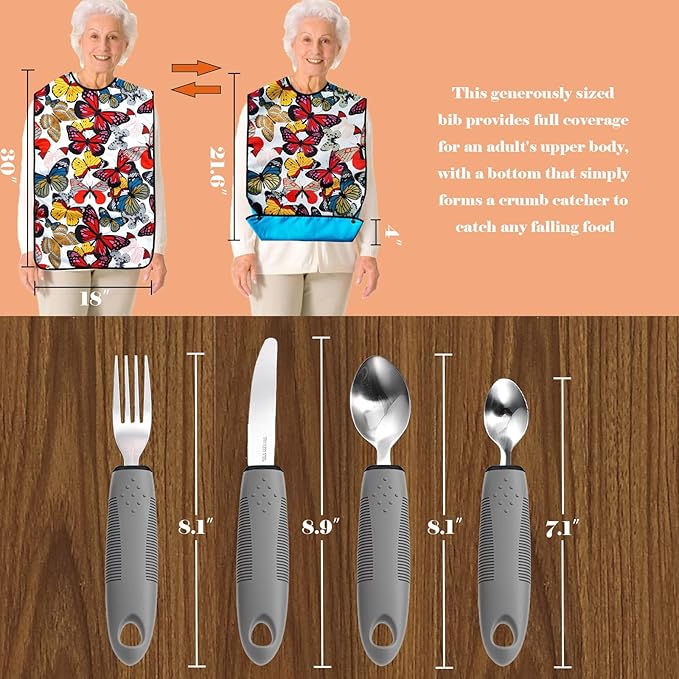 Adaptive Utensils with Adult Bib - 4pcs Weighted Utensils Set (2.5oz Each) for Hand Tremors, Elderly, Parkinson's, Arthritis - Non-Slip Easy Grip Handles for Independent Eating