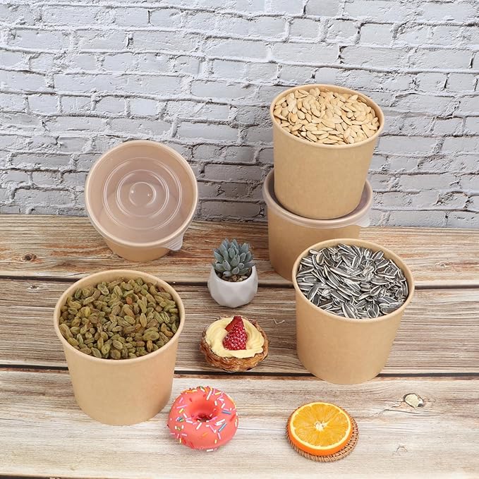 45 oz Disposable Kraft paper bowls with lids, Food containers Soup Bowls Party Supplies Treat Bowls 25 Pack
