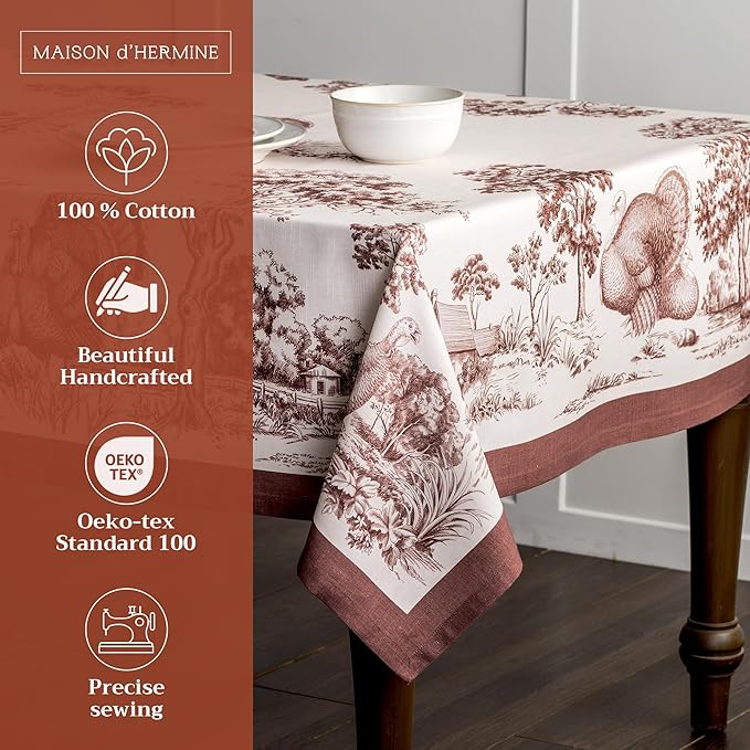 Maison d' Hermine Table Cloth Rectangle Table 100% Cotton 60 x 120 Inches Fall Tablecloth Reusable Everyday Use for Thanksgiving Christmas Decorations Dining Farmhouse Party (Holy Jouy - Brown)