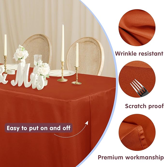 HolidayIdeas 8ft Fitted Table Covers for Home Gathering, 30 x 96 Inch, 2 Pack Rectangle Tableclothes Polyester Fabric Table Covers for Thanksgiving Decor, Parties, Holiday Dinner, Trade Show,Rust