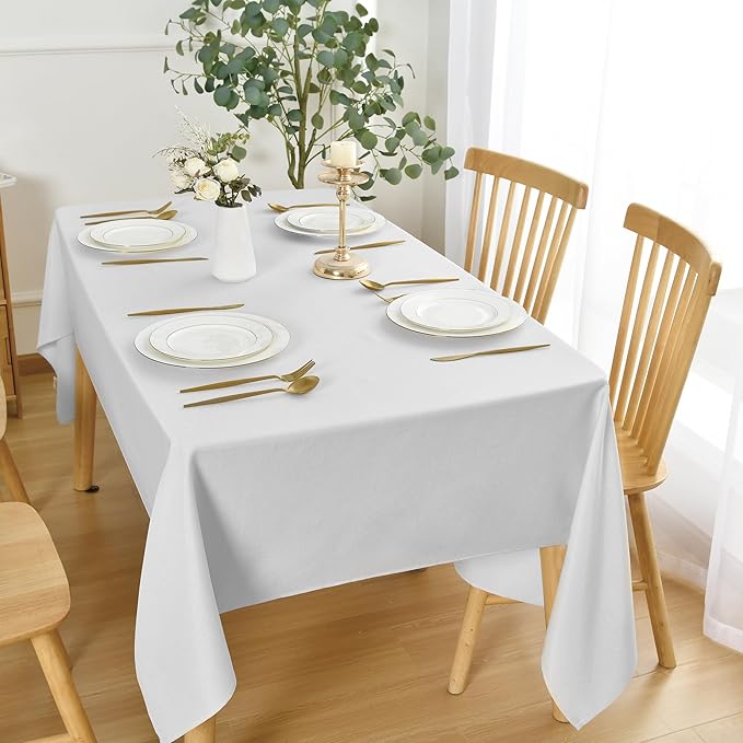 JIUZHEN Rectangle Table Cloth Faux Linen Farmhouse Tablecloth Wrinkle and Stain Resistant Decorative Fabric Table Cover for Kitchen, Dining Room, Parties and Camping, White, 54 x 80 Inch