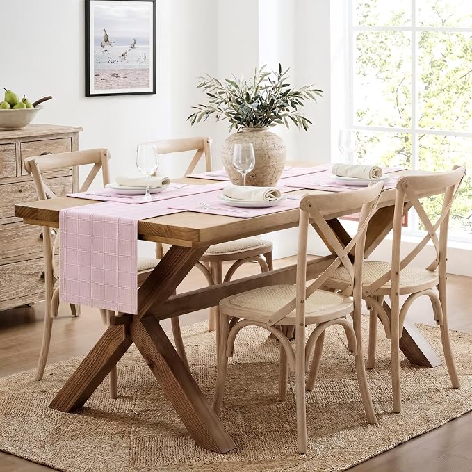 Linen Checked Farmhouse Table Runner, 13x60 Inches Pink | Raised Grid Design - Image 3