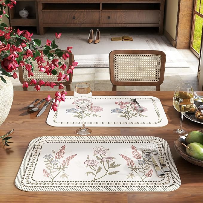 ISAENNE PVC Placemats Set of 6,Rectangular Floral Placemats, Waterproof and Heat-Resistant Place Mats,Decoration for Kitchen, Dinning, Parties, Holiday,12"*17"