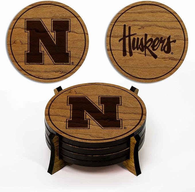 LazerEdge Nebraska Huskers Wooden Coaster Set - Cherry Wood - Officially Licensed Product - 4-Pack