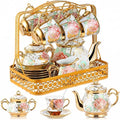 22 Pcs Porcelain Tea Set with Metal Holder, Vintage European Floral Tea Set by Suttmin
