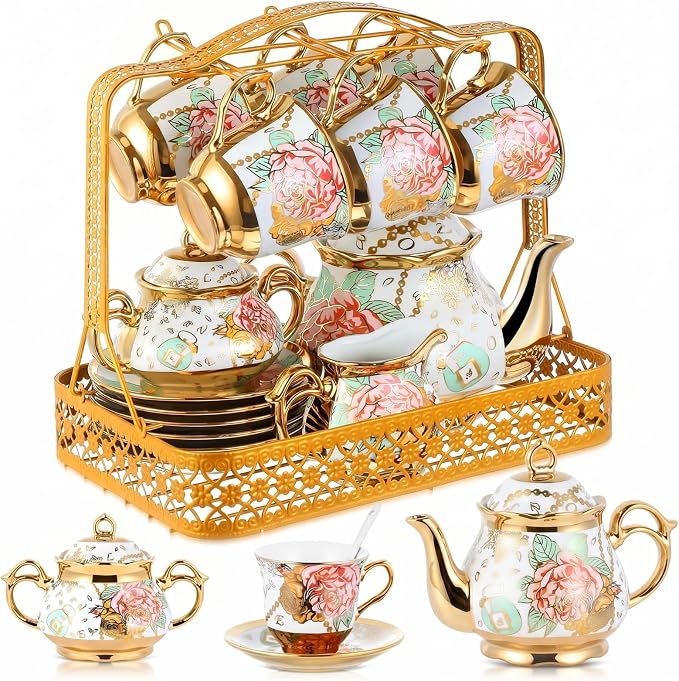 22 Pcs Porcelain Tea Set with Metal Holder, Vintage European Floral Tea Set by Suttmin