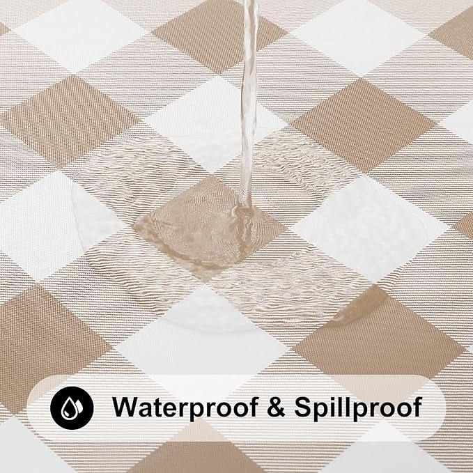 Smiry Rectangle Picnic Table Cloth, Elastic Waterproof Fitted Vinyl Tablecloths, Flannel Backed Buffalo Plaid Table Covers for Dining, Camping, Outdoor (White and Khaki, 36" x 60")