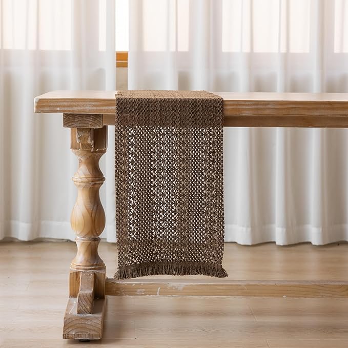 Fall Thanksgiving Boho Macrame Brown Table Runner 13x90 Inch | Woven Burlap - Image 7