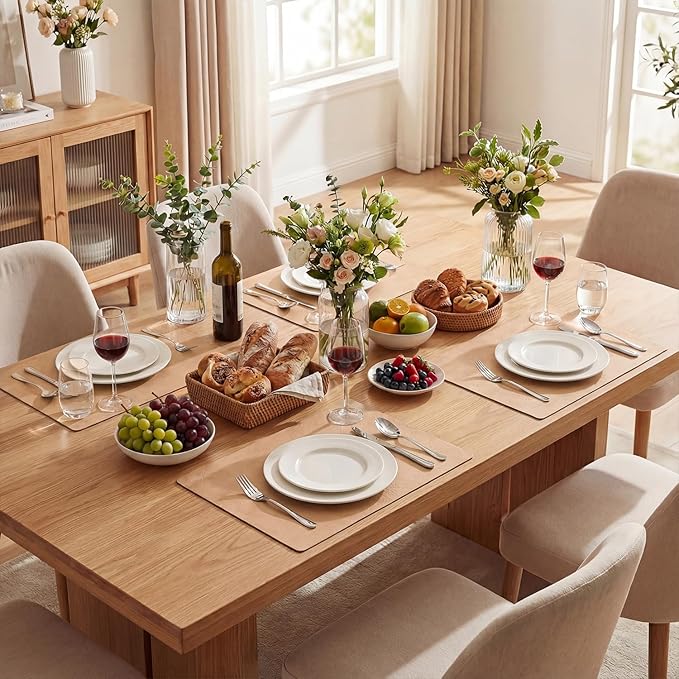 Artoid Mode Pink Faux Leather Placemats Set of 6, 12x18 Inch Waterproof Wipeable Heat Resistant Vinyl Place Mats, Reversible Table Mats for Spring Kitchen Dining Decor