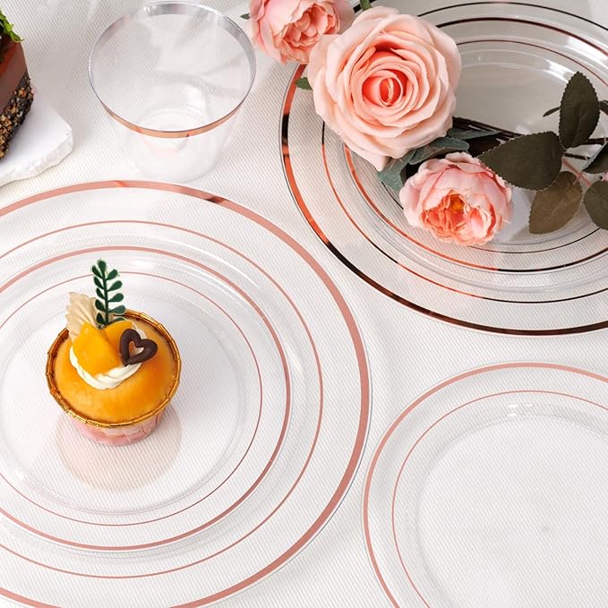 bUCLA 600PCS Clear Rose Gold Plastic Dinnerware Set Disposable - Include 100 Dinner Plates, 100 Dessert Plates, 100 Knives, 100 Forks, 100 Spoons, 100 Cups for Party, Wedding & Valentines Day