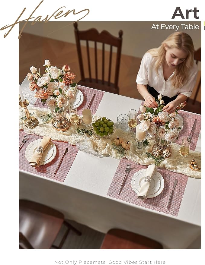 Leetaltree Luxury Pink Iridescent Placemats Set of 8 - Waterproof Washable for Wedding, Anniversary, Festive and Daily Use - Sparkling Table Mats Table Decor - Hand-Cut