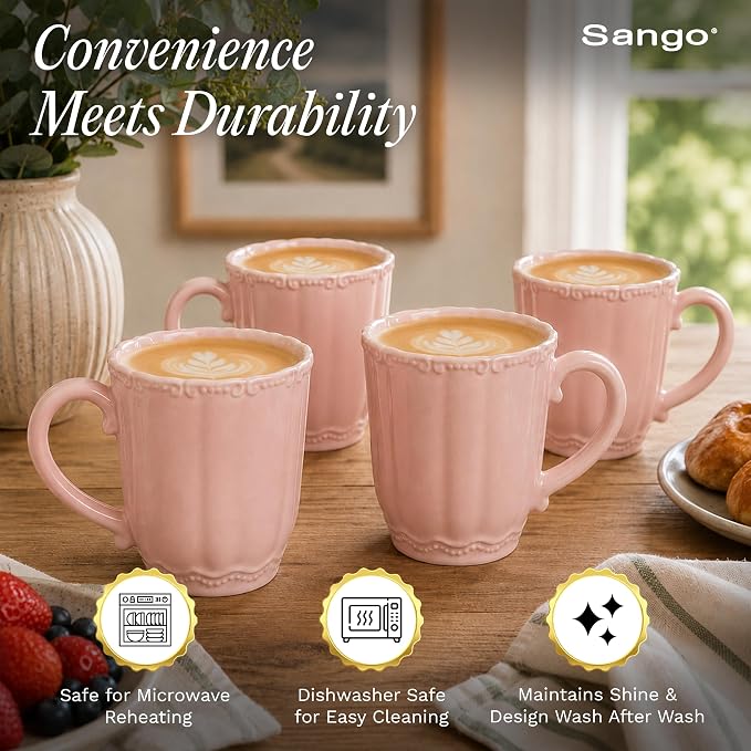 SANGO Bethany Pink Mugs Set of 4, 15 oz Stoneware Pink Coffee Mugs, Vibrant - Image 4