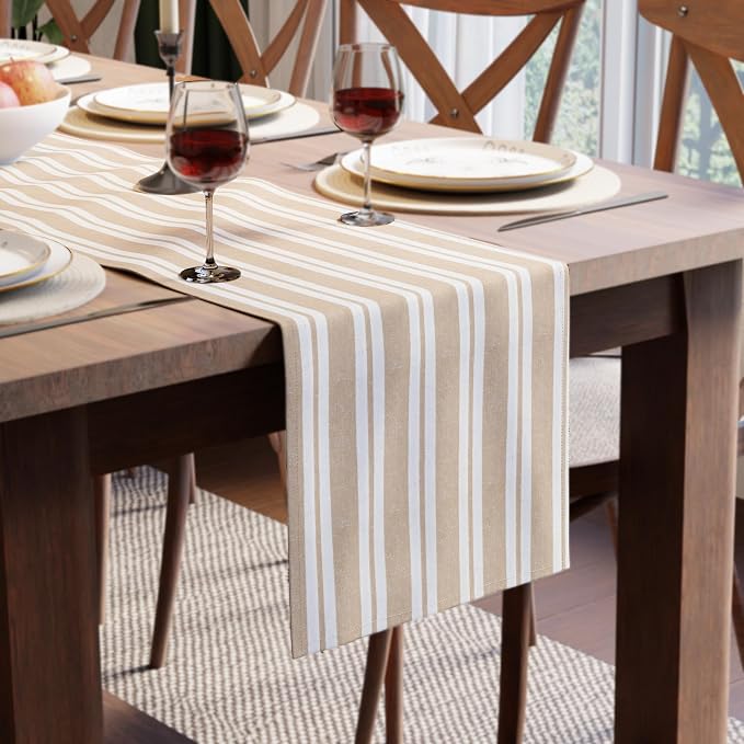 Encasa XO Table Runner, Woven Cotton Dining Runner 13"x91" Franca Beige Stripes by EncasaXO