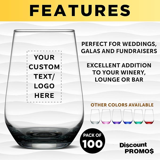 DISCOUNT PROMOS 100 Vaso Silicia Stemless Wine Glasses Set, 16 oz. - Personalized Text, Logo - Clear, Orb-Like, Thick base - Black