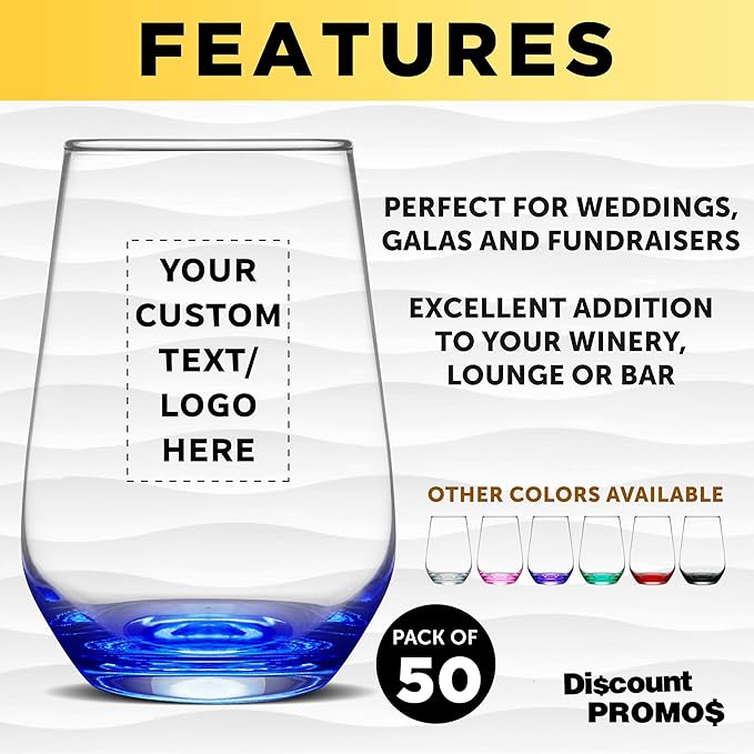DISCOUNT PROMOS 50 Vaso Silicia Stemless Wine Glasses Set, 16 oz. - Personalized Text, Logo - Clear, Orb-Like, Thick base - Blue
