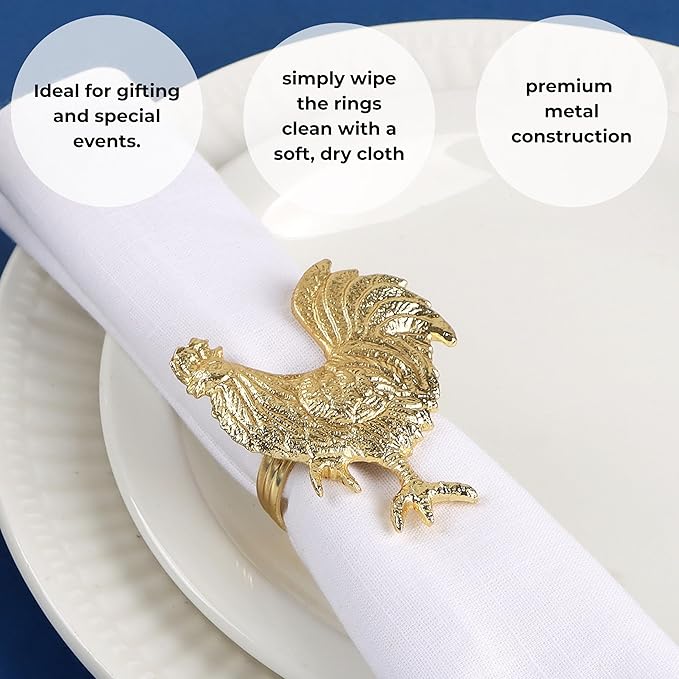 CLEENTABLE Napkin Rings Set of 12, Metal Napkin Holder Cuffs for Dinner Table Décor, Thanksgiving Rooster Farmhouse Modern Serviette Rings for Christmas, Weddings, Receptions, Gold