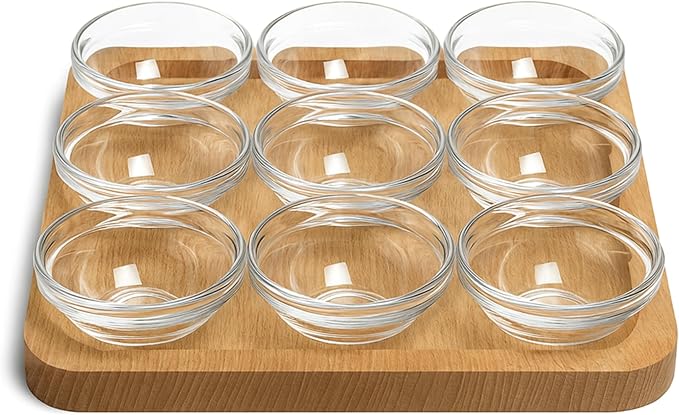 JO! Small Glass Bowl Set with Serving Tray - Set of 9 Mini Glass Bowls (1 oz) with Wooden Tray - Dishwasher & Microwave Safe - Ideal for Party, Snacks, Dipping Sauce, Charcuterie Board and Condiment
