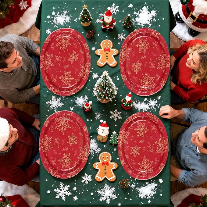 50Pcs Christmas Oval Paper Plates 10" x 12" Large Disposable Heavy Duty Red Gold Flower Poinsettia Paper Platters Xmas Poinsettia Themed Dessert Plates for Christmas Winter Holiday Party Supplies