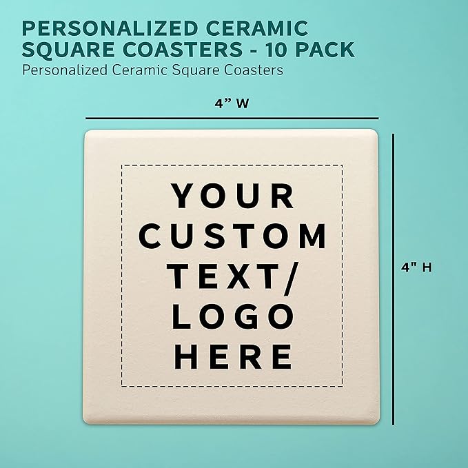 10 4" Square Ceramic Coasters Set - Customizable Text, Logo - Cork Bottom, Serve Ware - Natural