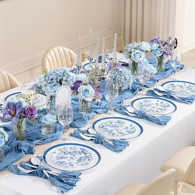 EI 60pcs Blue and White Floral Plastic Plates Fancy Blue Floral Disposable Heavy Duty,10.25inch Dinner Plate and 7.5inch Dessert Plate,Disposable Nice Plastic Plates for Party,Wedding(Value,Elegant)