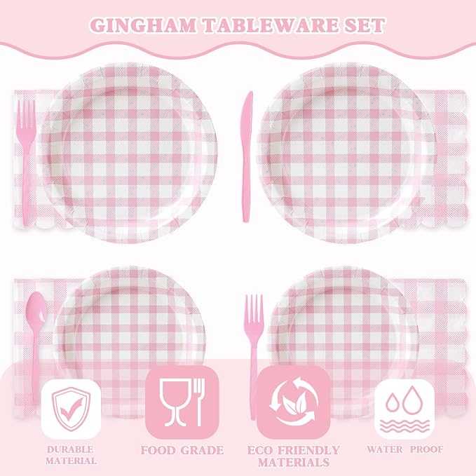 Vyntra 175 Pcs Pink & White Checkered Gingham Paper Plates and Napkins Set - Image 3