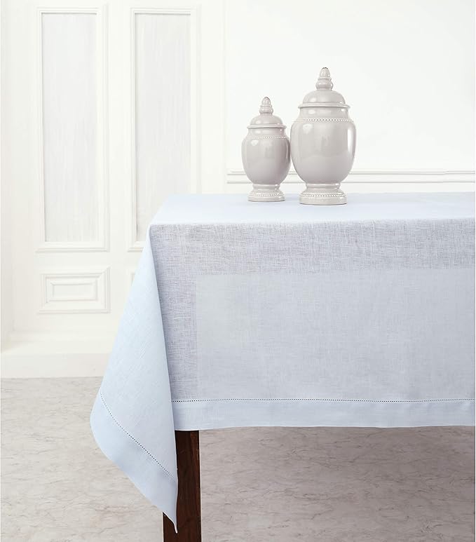 Solino Home Linen Tablecloth 60 x 108 Inch - Classic Hemstitch 100% Pure Linen Light Blue Table Cloth for Rectangle Tables - Machine Washable Tablecloth for Winter, Spring, Easter