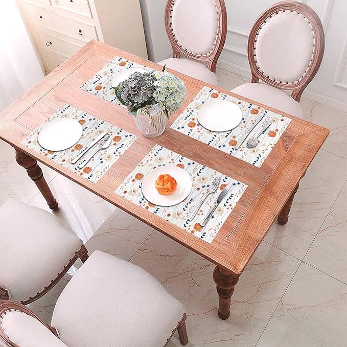 Watercolor Orange Floral Placemats Set of 4, Blue Orange Decorative Place Mats for Dining Tables Decor, Washable Linen Table Mats for Kitchen Spring Summer Outdoor Party Home Decor