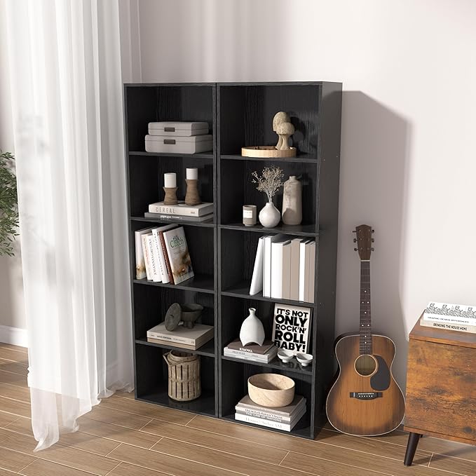 Wooden 5 Cube Storage Organizer, Black 5 Tier Bookcase Bookshelf Freestanding Storage Display Organizer, Versatile Cubes Open Shelf and Cubby Unit for Living Room, Home Office, Dinning Room 15.7inch