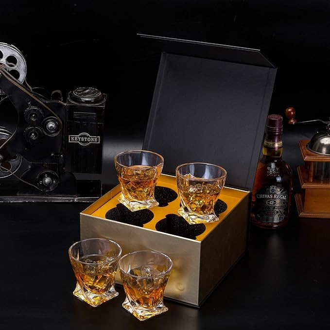 KANARS Whiskey Glasses Set of 4, 10 Oz Crystal Old Fashioned Cocktail Glass in Gift Box, Twisted Lowball Bourbon Tumbler for Scotch Whisky Cognac, Rock Barware for Men Gift Christmas