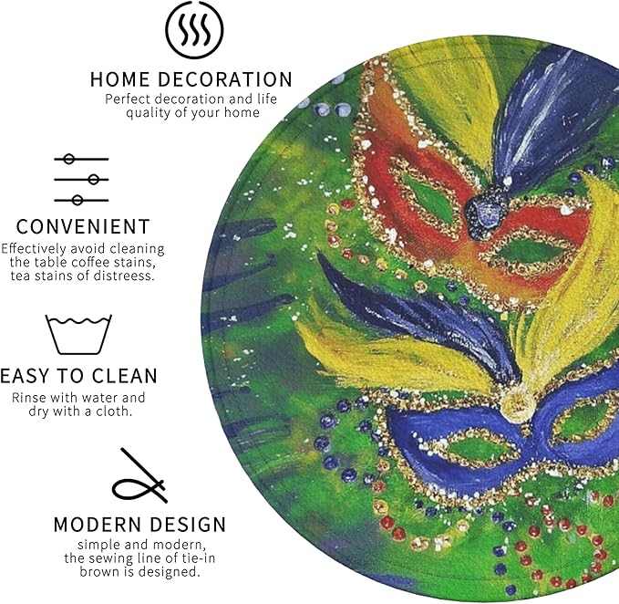 Mardi Gras Coasters Leather Round Drink Coasters 6 Pcs Set with Holderor for Cup Drink Coffee Table Bar Home Decor