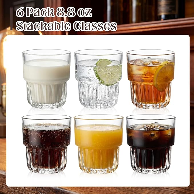 6 Pack Stackable Drinking Glasses 8.8 oz Clear Glass Cups - Image 2