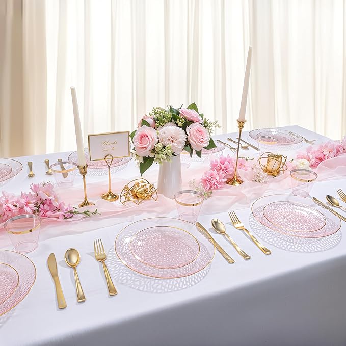 DaYammi 100PCS Pink Gold Plastic Plates - 10 inch Clear Pink Gold Dinner Plates - Hammer Pattern Design - Fancy Disposable Plate - Heavy Duty Party Plate Ideal for Wedding