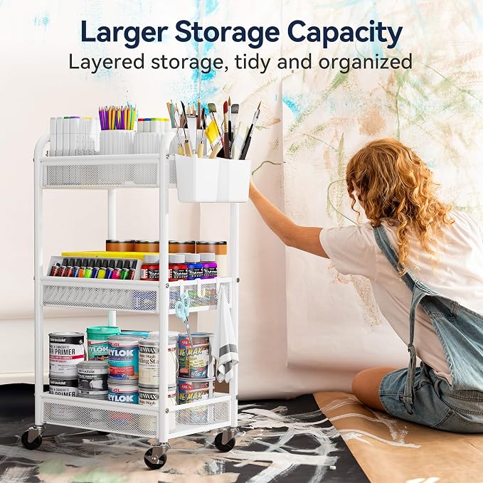 3 Tier Metal Rolling Cart, Art Workspace, Bedside Storage - Image 5
