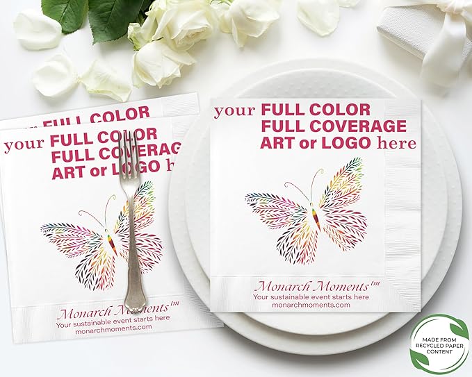 Custom Dinner Napkins - Personalized Recycled Paper Content Napkins - Eco-friendly & Full-Color Digital Printed - Events & Celebrations - Pack of 50 - Coin Edge Embossed Full Coverage, 8"x 8"