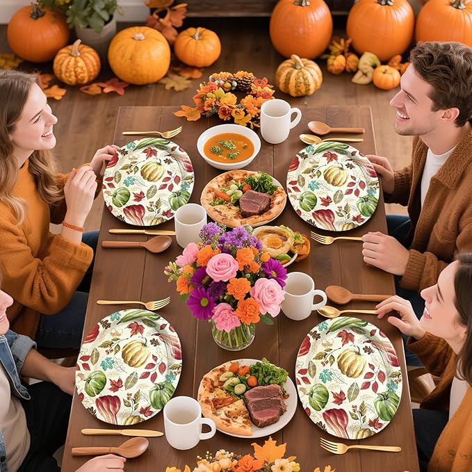 50 Pcs Fall Oval Paper Plates 10" x 12" Large Vintage Red Green Pumpkin Plates Disposable Heavy Duty Thanksgiving Platter for Fall Thanksgiving Party Decoration Holiday Harvest Festival Party Supplies
