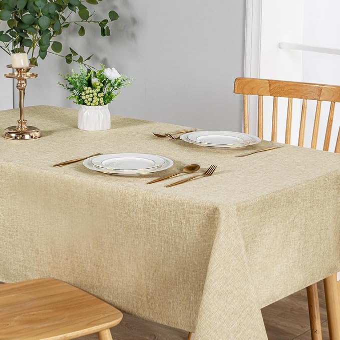 JIUZHEN 2 Pack Faux Linen Farmhouse Tablecloth Rectangular, Wrinkle Stain Resistant Table Cloth Rectangle Table Cover for Kitchen Dining, Beige, 54 x 120 Inch
