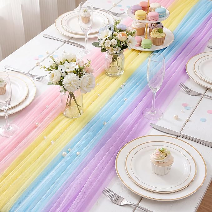 4 Pcs Pastel Table Runners 29 x 71 Inch Colorful Tulle Table Runner Macaron - Image 3
