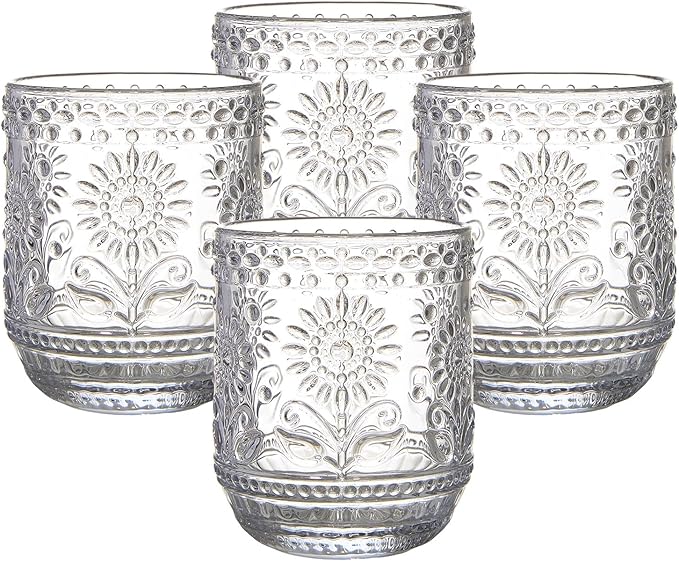 4 Pack 12 Oz Vintage Glassware Drinking Glasses Set, Embossed Floral Decorative Glassware Set for Whiskey, Beer, Juice, Wine（Transparent）