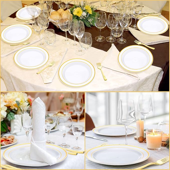 Eccliy 400 Pieces Plastic Cake Plates with Dessert Forks, 7.5 Inch Disposable Plastic Plates Appetizer Plates Salad Plates Party Plates Heavy Duty for Wedding Reception Parties Holidays (Gold)