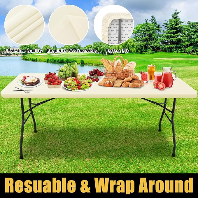 Smiry Rectangle Picnic Table Cloth, Waterproof Elastic Fitted Tablecloths for 4 Foot Tables, Washable Polyester Table Cover for Camping, Indoor and Outdoor (Beige, 30"x48")