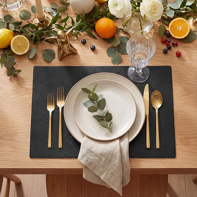 Artoid Mode Black Faux Leather Placemats Set of 6, 12x18 Inch Waterproof Wipeable Heat Resistant Vinyl Place Mats, Reversible Table Mats for Kitchen Dining Decor