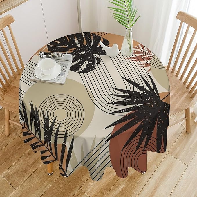 Boho Medieval Abstract Leaves Round Tablecloth, Mid Century Modern Bohemian Style Print Tablecloth for Home Party Dining Room Kitchen Decor 50Inch(127cm)